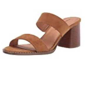 NIB Amazon Essentials Two Strap Heeled Slide Sandal, Cognac